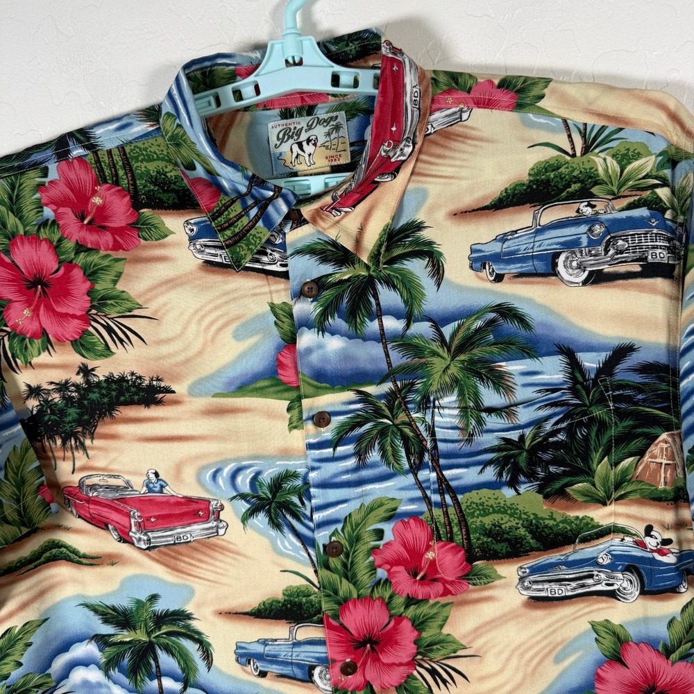 Big Dogs Shirt Mens Large Hawaiian Camp Classic Car Tropical Rayon Button Up